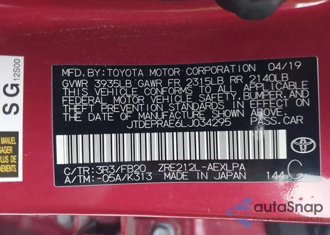 2020 Toyota Corolla Le from USA, damaged, VIN JTDEPRAE6LJ034295